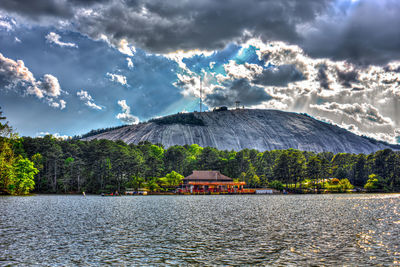 Scenic view of lake by building against sky