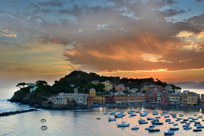 Illuminated sestri levante by sea during sunset