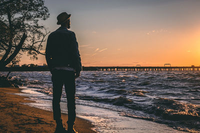 Rear view of silhouette man standing at beach during sunset