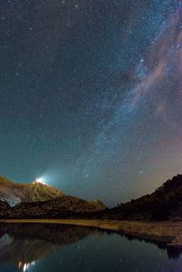 Scenic view of lake against mountains at night