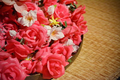 High angle view of pink flowers on table