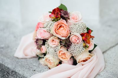 High angle view of rose bouquet on table