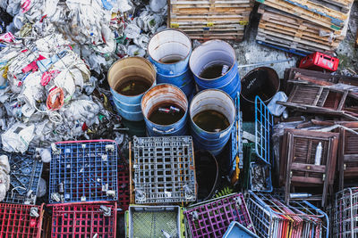 High angle view of garbage in basket