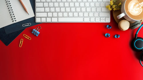 High angle view of red wine on table