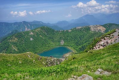 Scenic view of river and mountains against sky