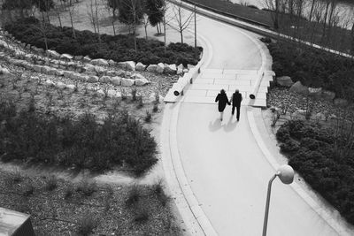 High angle view of people on road