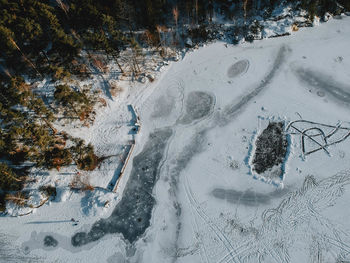 High angle view of snow covered land