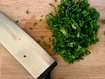 High angle view of chopped vegetables on table