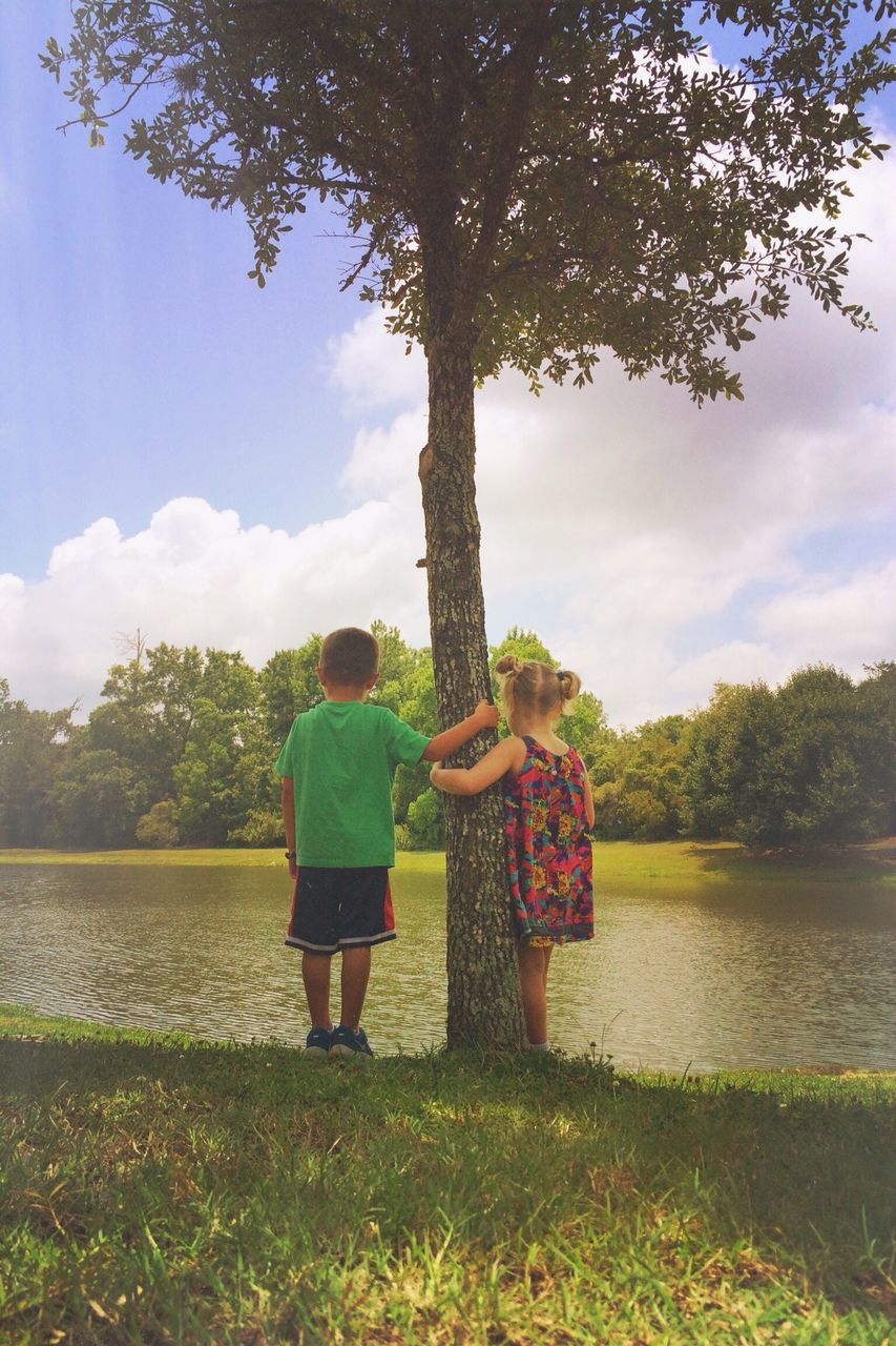 tree, rear view, lifestyles, leisure activity, person, sky, full length, tranquility, standing, water, men, lake, tranquil scene, nature, cloud - sky, bench, sitting