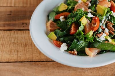 High angle view of salad in bowl on table