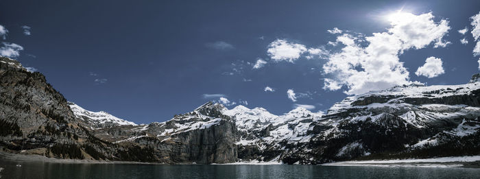 Scenic view of lake and snowcapped mountains against sky