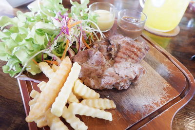 High angle view of food served on table