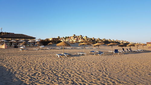 Panoramic view of beach against clear sky