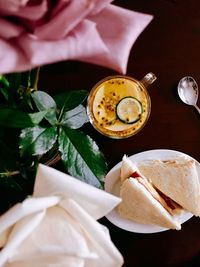 High angle view of drink on table