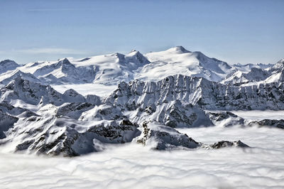 Scenic view of snow covered mountains against sky