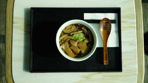 High angle view of soup in bowl on table