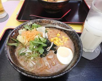 High angle view of soup in bowl on table