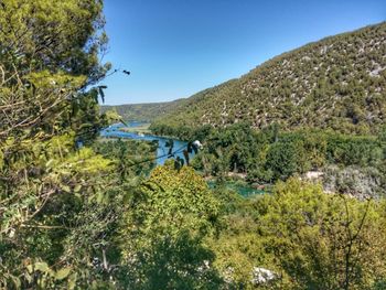 Scenic view of landscape against clear blue sky