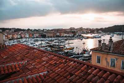 High angle view of townscape against sky during sunset