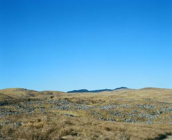 Scenic view of landscape against clear blue sky