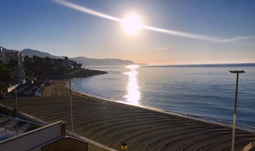 Scenic view of calm beach against sky during sunny day