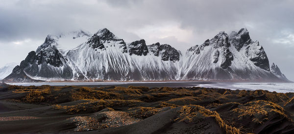 Panoramic view of snowcapped mountains against sky iceland 