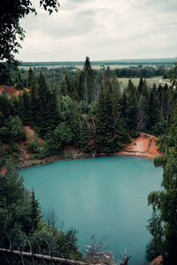 High angle view of trees by lake against sky