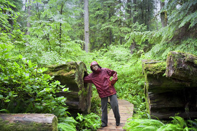 Full length of woman putting hand in log while standing on boardwalk at forest