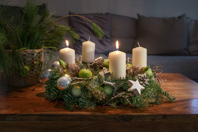 Close-up of christmas decorations on table