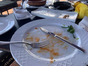 High angle view of food in plate on table