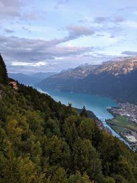 High angle view of plants and mountains against sky