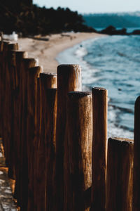 Wooden posts on beach