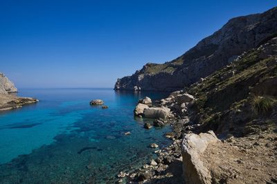 Scenic view of sea against clear blue sky