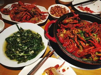 High angle view of food in plate on table