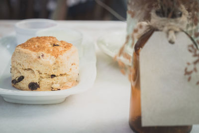 Close-up of cake in plate on table