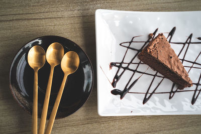 High angle view of cake in plate on table