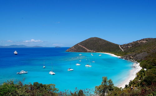 Scenic view of sea against clear blue sky