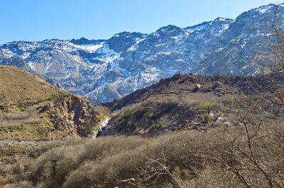 Scenic view of snowcapped mountains against clear sky