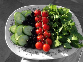 High angle view of tomatoes in plate on table