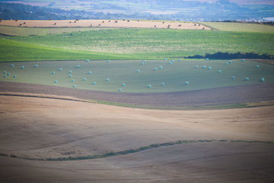 High angle view of field against sky