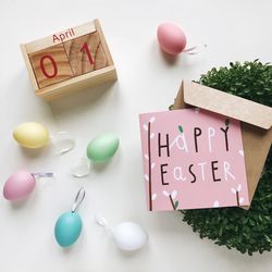 Directly above shot of easter decoration on white background