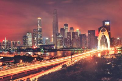 High angle view of illuminated liede bridge over pearl river in city