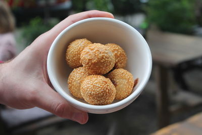 Hand holding bowl with fried sesame balls