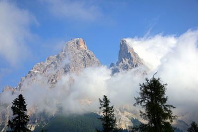 Low angle view of snowcapped mountains against sky