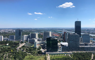 High angle view of buildings against sky