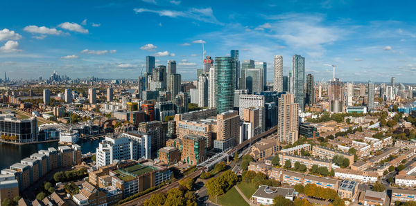 Aerial panoramic skyline view of canary wharf, the worlds leading financial district in london, uk.