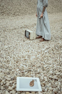 Low section of woman standing with television set and mirror on field