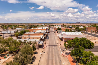 July 28, 2022, florence, arizona, usa. main street in downtown florence, arizona, drone view.