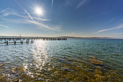 Scenic view of sea against blue sky