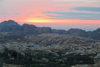 Scenic view of mountains against sky during sunset